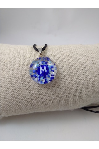 Cam Harf Kolye – Handmade El Yapimi Murano– (M) Harfi Modeli Gümüş