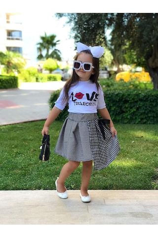 Modavals Love Baskılı Yırtmaç Kol Detaylı Pötükare Etekli Kız Çocuk Etekli Alt Üst Takım Çok Renkli