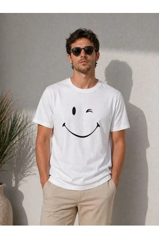 Defymoda Erkek Minimal Gülümseyen Yüz Baskılı Tişört Kısa Kol Yazlık T-shirt - Beyaz