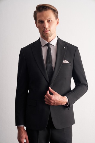 İmza Siyah Kırlangıç Yaka Çizgili 6 Drop Slim Fit Tam Astar Esnek Takım Elbise 1001255164