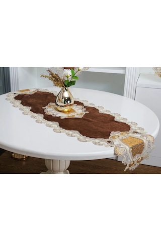 Aydan Aplikeli Güpürlü Kadife Kahverengi Salon Takımı 5 Parça 50 X 140 Cm 1451 Kahve