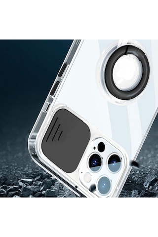 More Tr Ally İphone 12 Pro Max Kılıf Sürgülü Kamera Lens Korumalı Yüzük Standlı Silikon Kılıf Siyah