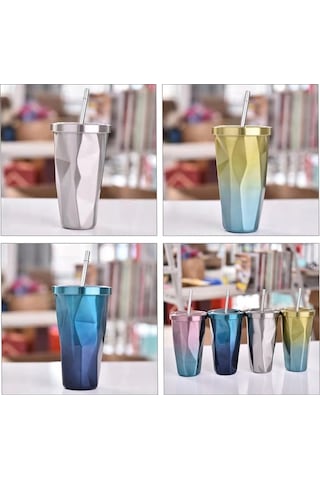 Elmpaly 500ml Paslanmaz Çelik Seyahat Su Matarası - Renkli Kapaklı Ve Pipetli