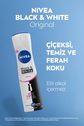Kadın Sprey Deodorant Black&white Invisible Clear 150ml, 72 Saat Anti-perspirant Ter Koruma,alkolsüz