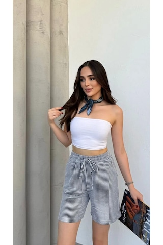 Yandan Cepli Beli Bağcıklı Su Yolu Kadın Çizgili Şort Siyah