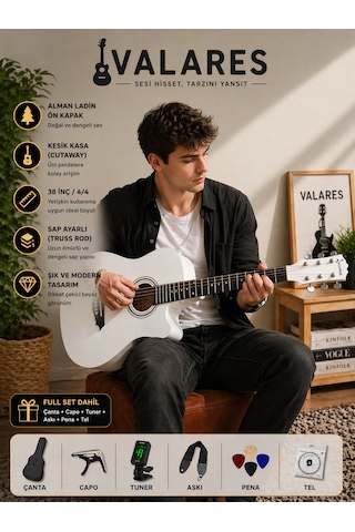 Valares 38c Kesik Kasa Beyaz Akustik Gitar 38 İnç 4/4 Yetişkin Üst Segment Çanta Capo Askı Pena