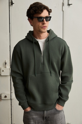 Grimelange Justus Erkek Kapüşonlu Kanguru Cepli Fermuar Yakalı Haki Sweatshirt Haki