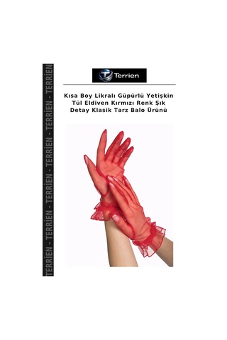 Terrien Kısa Boy Likralı Güpürlü Yetişkin Tül Eldiven Kırmızı Renk Şık Detay Klasik Tarz Balo Ürünü 00-kırmızı