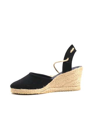 Star Tombis Gerçek Elişi Topuğu Açık Bilekten Bağlamalı Bej Dolgu Topuk Keten Hasır Espadril Handmade Siyah