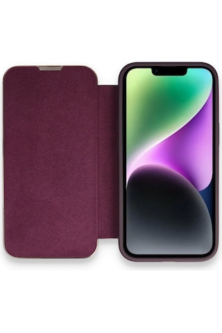 Apple Uyumlu iPhone 14 Pro Max Kapaklı Kılıf Parmak Izi Bırakmaz Dışı Deri Içi Süet Tasarım Derin Mor