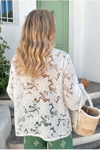 Femelle Kadın Beyaz Çiçek Desenli Dantel Kimono Ceket