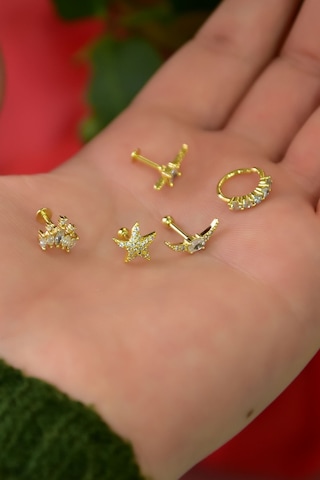 Çelik Sarı 5'li Kombinli Tragus Küpe Model18 Sarı