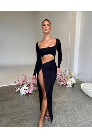 Pink Life Siyah Derin Yırtmaçlı Bel Dekolteli Sandy Kumaş Mi Siyah