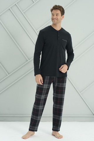 Erkek Interlok Penye Uzun Kol Pijama Takımı 2233 Siyah Siyah