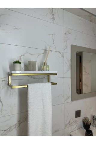 lyla concept Fulya Banyo Ahşap Raflı Gold Metal Havlu, Şal Askılık Beyaz Raf Gold