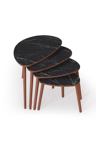 Nora 4lü Dörtlü Mdf Ahşap Zigon Sehpa - Siyah Mermer Desen