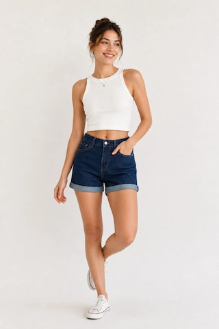 Layal My Beauty Kadın Jeans Kot Şort Ters Paça Detaylı Yüksek Bel Esnek Günlük Denim Kot Şort Yeni Sezon New1 Lacivert