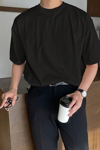Genius Store Erkek Oversize Tişört Pamuk Kumaş Bisiklet Yaka Rahat Kalıp T-shirt Siyah