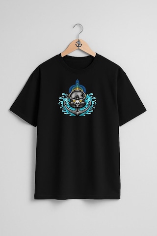 Oversize Çapa Ve Dalış Başlığı Göğüs Tasarımlı Unisex T-shirt Siyah