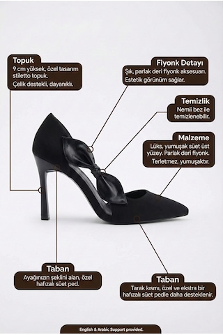 V.s.h Velvet Kadın Saten Fiyonklu Sivri Burun 9 Cm İnce Topuklu Stiletto Abiye Ayakkabı-2452 Siyah