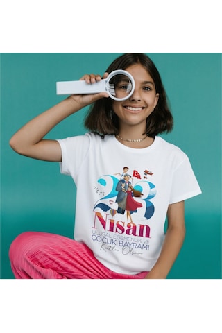 Alpşan Ticaret 23 Nisan Tişört 23 Nisan T-shirt Beyaz Çocuk Yetişkin Tişört Unisex T-shirt Çocuk Bayramı 56 Beyaz