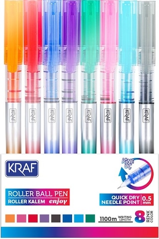 Kraf Enjoy İğne Uçlu 0.5mm Roller Kalem 8 Renk Set Çok Renkli