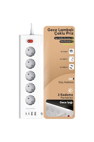 Fulltech FTR-26 Akım Korumalı Priz Beyaz 9’lu (5 Priz + 2 USB-A + 2 USB-C) 3680W 16A, 2 Metre Kablolu, Gece Lambalı Çoklu Priz -