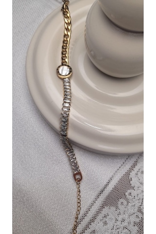 Uzel Çelik Gold Altın Renk Yarım Taşlı, Yarım Kalın Zincir Detaylı, Romen Rakamlı Çelik Bileklik Gold