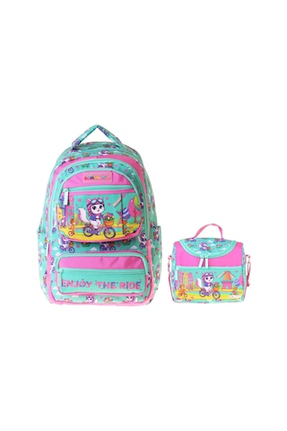 Kaukko Kids Cat Bike Kız Çocuk Yeşil - Pembe İlkokul Sırt Çantası Ve Beslenme Çanta Seti - Setkk-l5328b Çok Renkli