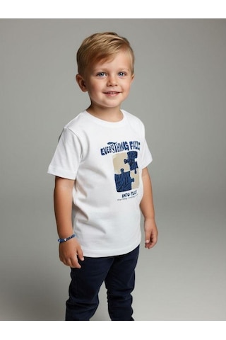 Zekids Erkek Bebek Yapboz Baskılı Pamuklu Kısa Kollu T-shirt-16930 Beyaz