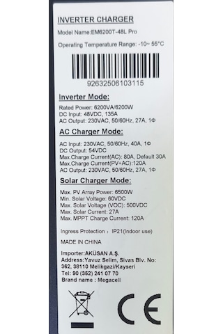 Megacell Em6200t-48l Pro- 6.2kw 48v Mppt 120a
