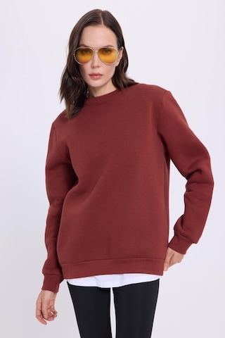 Tudors Kadın Oversize Geniş Kesim Pamuklu 3 İplik İçi Polarlı Basic Kiremit Bisiklet Yaka Sweatshirt-41557 Kiremit