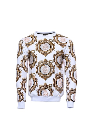 Wessi Beyaz Baskılı Taşlı Bisiklet Yaka Sweatshirt Beyaz