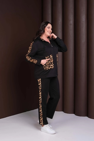 Kapüşonlu Leopar Desenli Alt-üst Takım Siyah