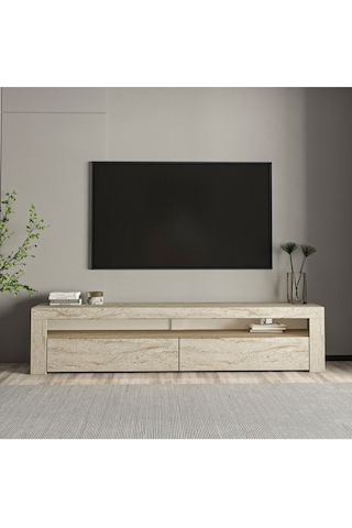 Batı LED Işıklı 2 Kapaklı TV Sehpası – 150 cm – Minimal Tasarım, Traverten