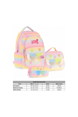 Kaukko Kids Kız Çocuk Simli Kalp Ve Çiçek Detaylı İlkokul 1.2.3.4. Sınıf Üçlü Okul Çanta Seti Sarı - Pembe