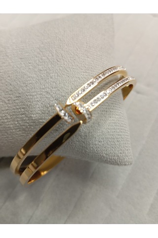 Zirkon Taşlı Çivi Model Gold Renk Kelepçe Bileklik Gold