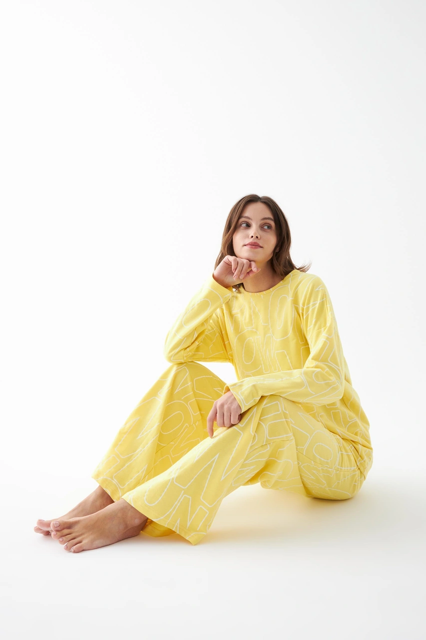 Akbeniz Kadın Oversize Sarı Desenli Pamuklu Kalın Pijama Takımı Sarı