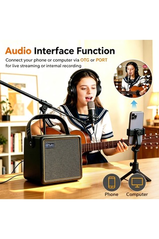 Coolmusic 30 W Akustik Elektro Gitar Amplifikatörü, Bt Taşınabilir Gitar Amplifikatörü, Mikrofon Girişli Hoparlör, Bas, Ses Seviyesi Desteği, Yükseklik Ayarı, Reverb-efekti