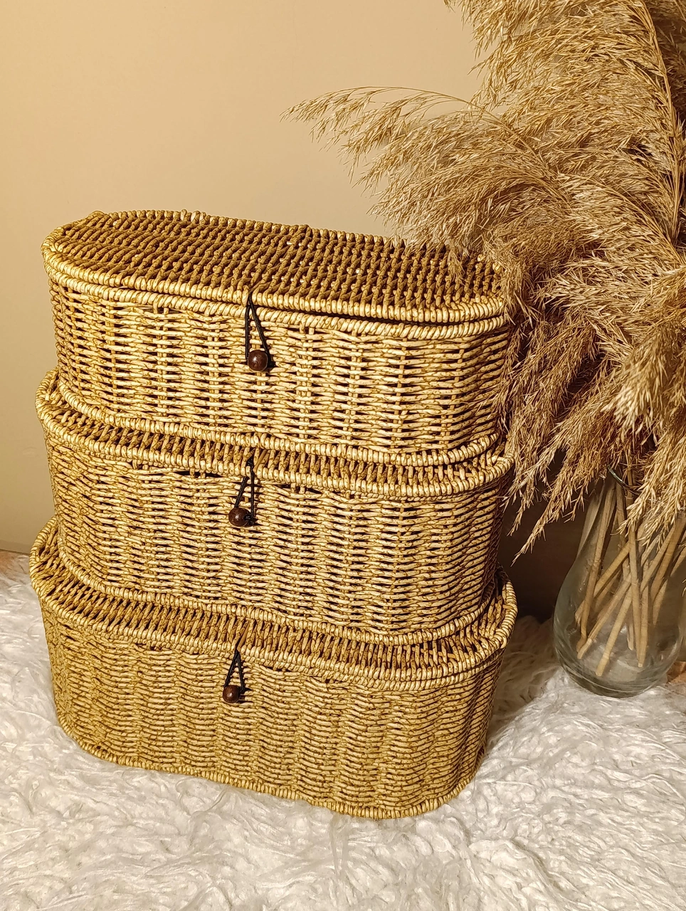 3'lü Rattan Oval Kapaklı Düğmeli Kutu / Organizer / Düzenleyici Diğer