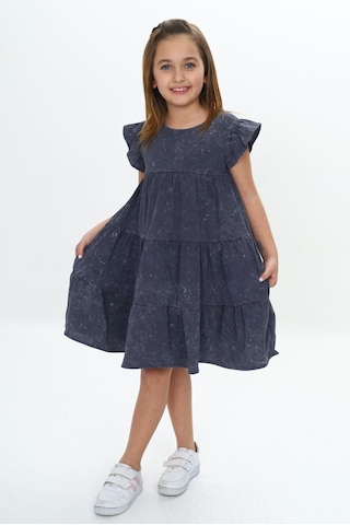 Toontoy Kız Çocuk Yıkamalı Elbise Füme