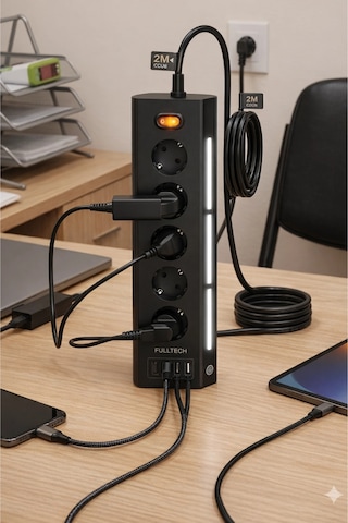 Fulltech Ftr-26 5li Akım Korumalı Priz 2 Usb-a, 2 Usb-c, 3 Kademeli Gece Lambası, 2 Metre Kablo - 36 0.2 M