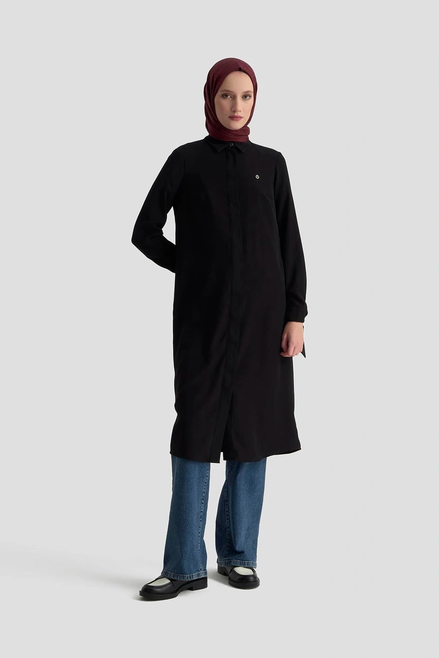 Armine Trend Gizli Düğmeli Kol Detaylı Gömlek Yakalı Tunik Siyah 25yt4158 Siyah