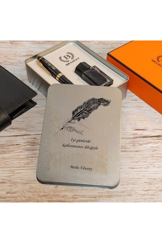 Kişiye Özel Tüy Tasarım Kutulu Siyah Gold Dolma Kalem Hediye Siyah