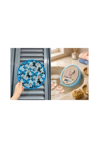 Desenli Katlanabilir Yuvarlak Yazlık Taşınabilir Çantalı El Yelpazesi Mavi Kelebekler 25cm Ve Kolajen Özlü Doğal Handmade Süngerli Sabun 135gr