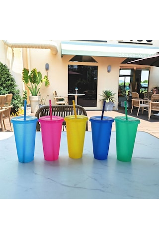 Sones Büyük Yaz Parıltılı Su Bardağı Plastik Buzlu Soğuk İçecek Şişesi Pipetli