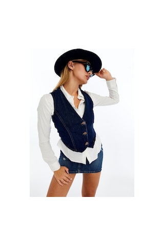 Kadın Denim Yelek Şık Düğmeli Jean Yelek, Günlük Ve Casual Kombin Koyu Mavi