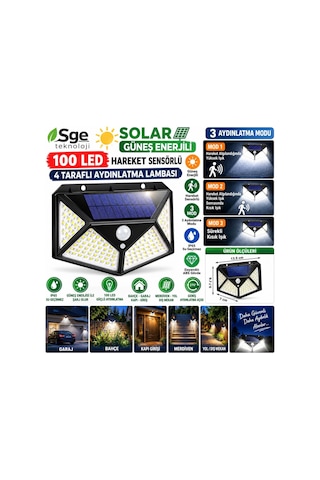 Sge Teknoloji Siyah Solar Güneş Enerjili Hareket Sensörlü 4 Taraflı Bahçe Garaj Ev Aydınlatma Lambası 14425615