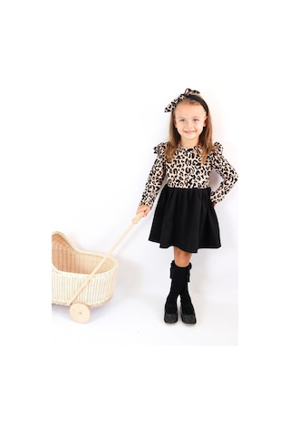 Kız Çocuk Leopar Desenli Uzun Kollu Fırfırlı Elbise Bandana Takım Elb-0059 Siyah