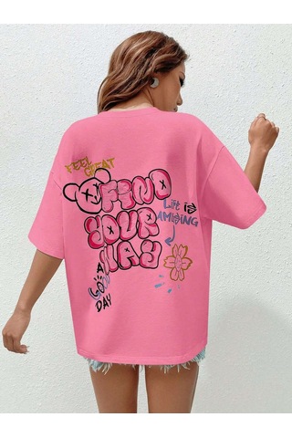 Noıssey Karikatür Ve Grafik Tasarım Oversize T-shirt Cartoon/letter Serisi Kod438 Pembe
